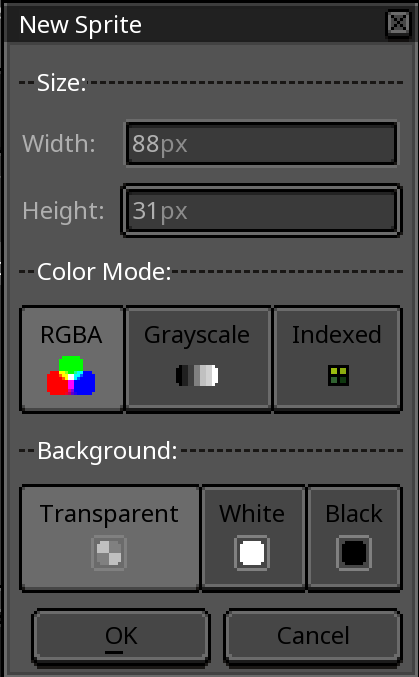 LibreSprite canvas setup screen showing 88 by 31 pixels and RGBA color